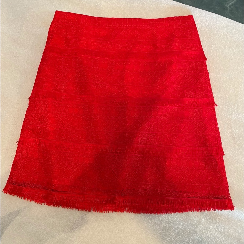 J Crew red lace mini skirt with fringe, size 0,$20